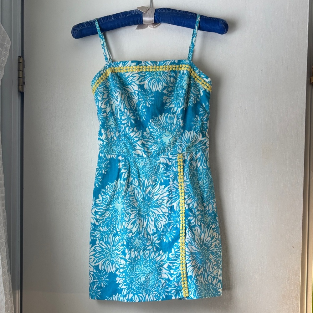 Lilly Pulitzer Blue Turquoise Floral Mini Dress with Yellow Trim